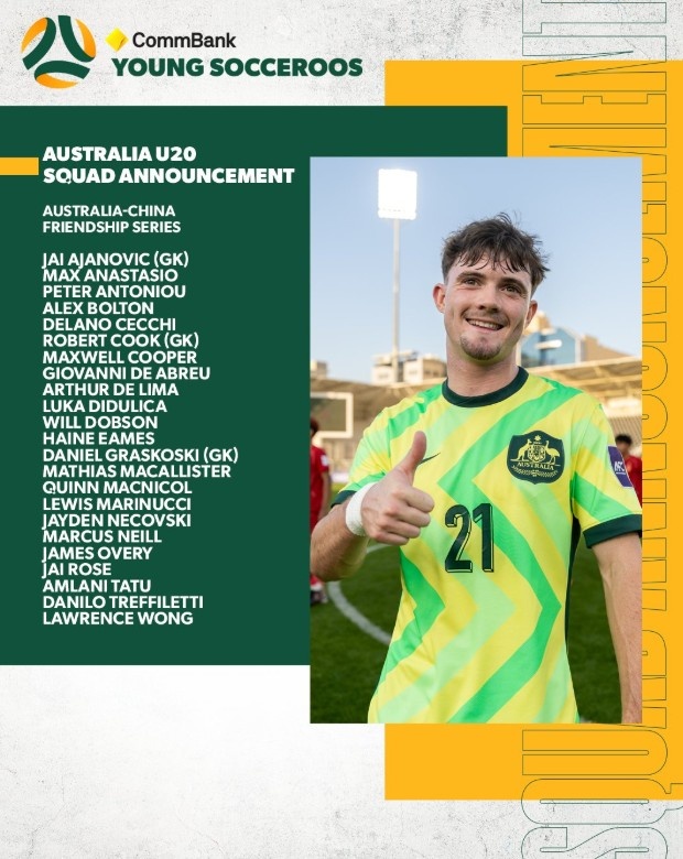 半岛体育app下载-热身赛两战中国U20！澳大利亚U20名单：华裔球员黄振文在列